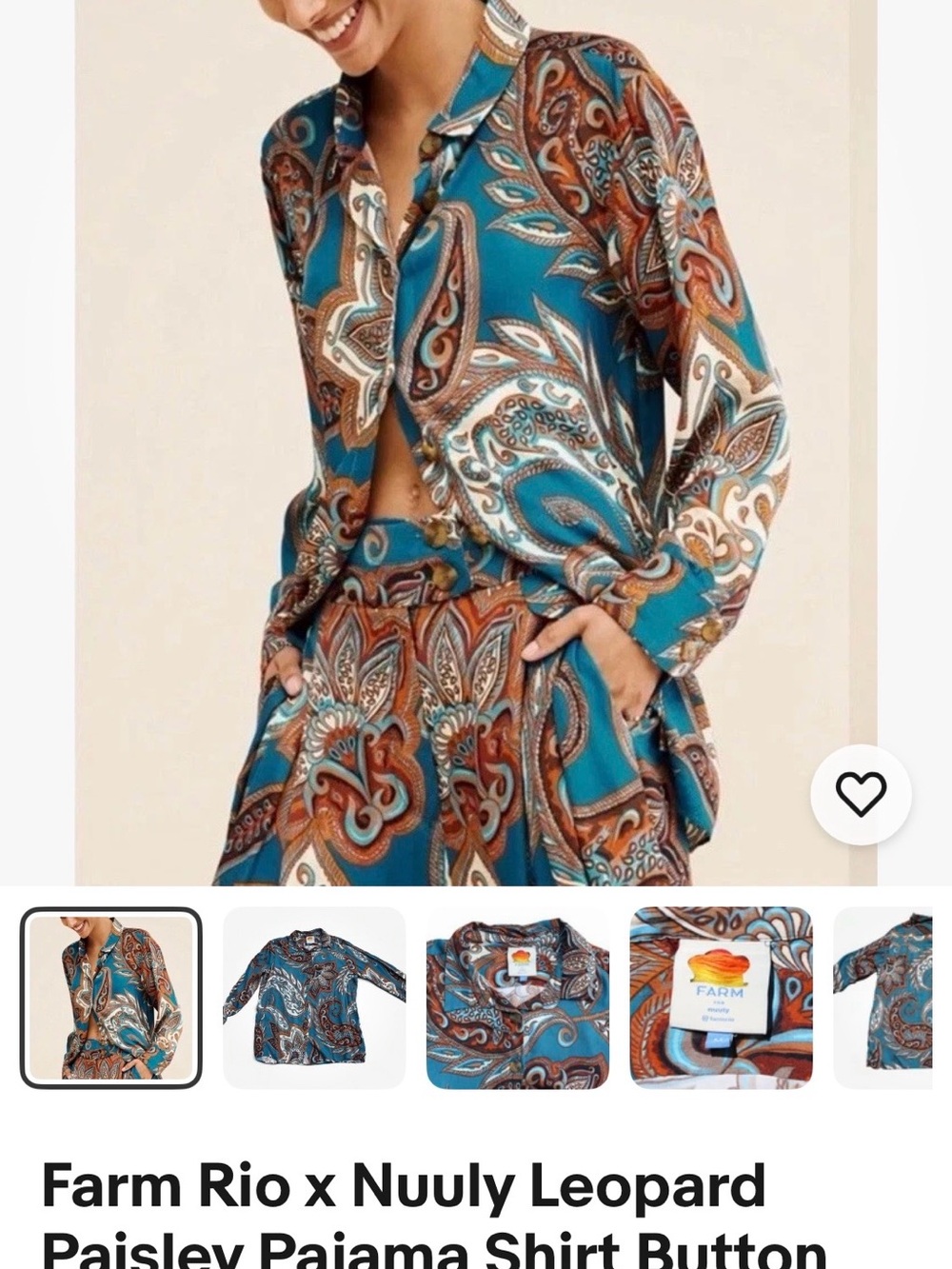 FARM Rio Teal and Brown Paisley Button-Down Shirt M